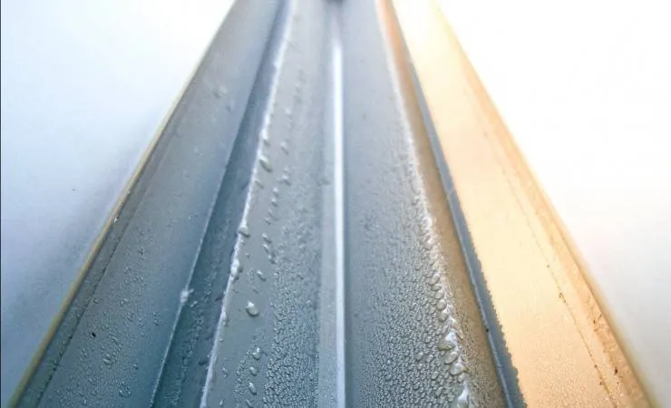 Close-up of a new aluminum eavestrough