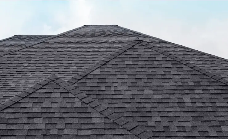 New dark SBS modified shingle roof with ridge lines against the sky