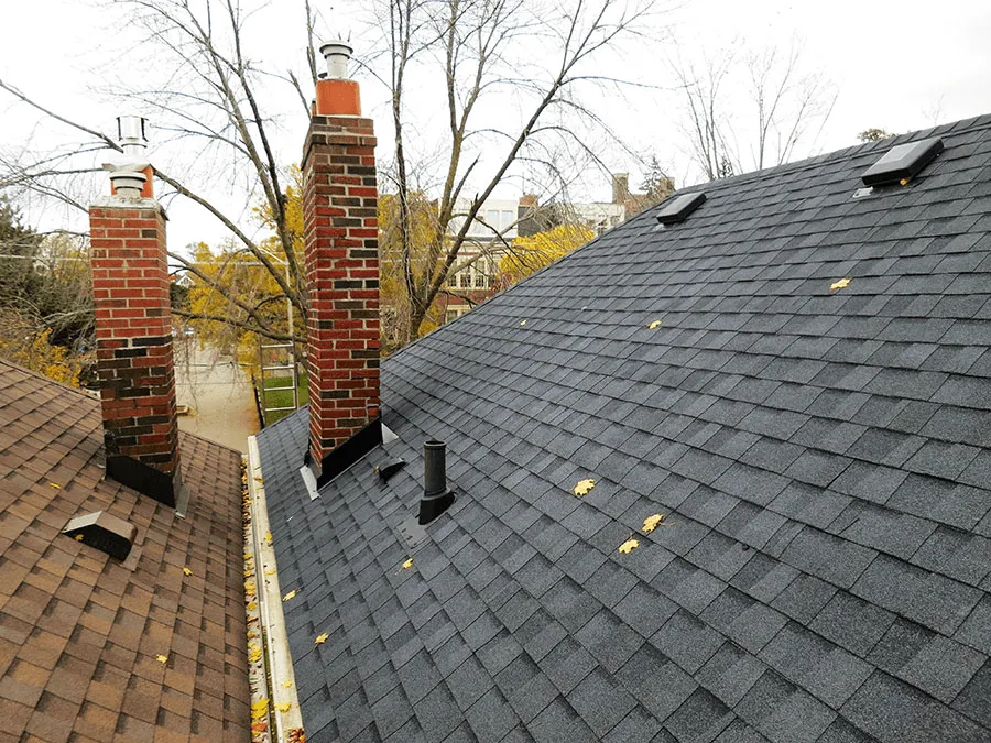 Dark shingle roof between two brick chimneys