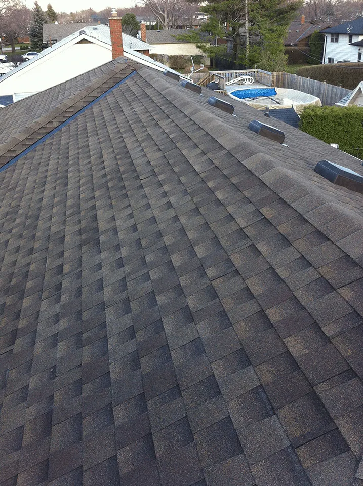 Brown shingle roof next to a backyard pool