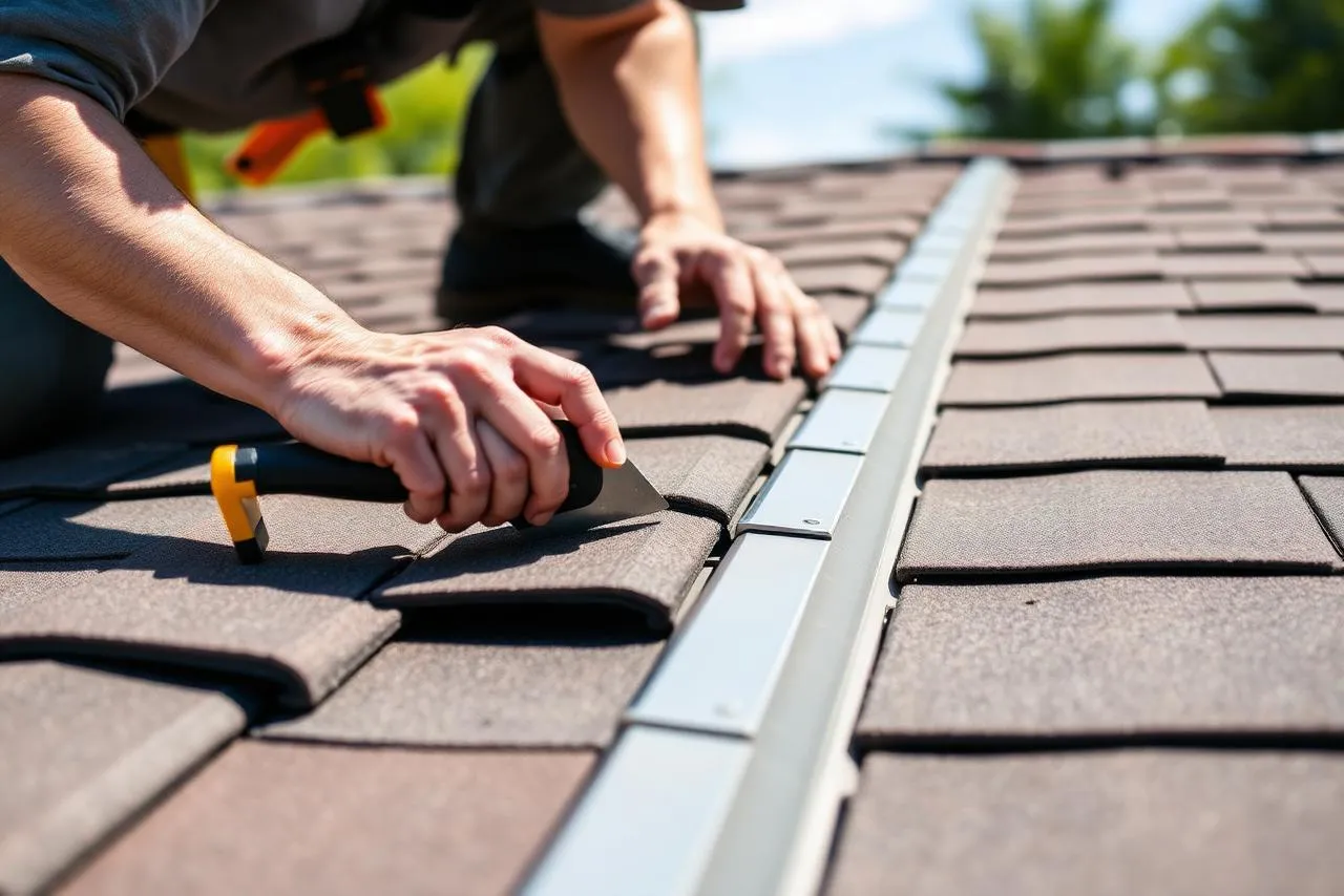 Save On Roofing installer fitting shingles along a roof ridge